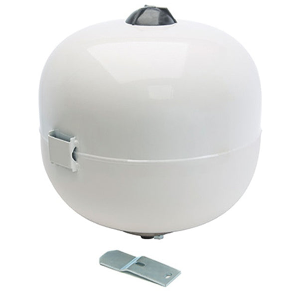 A white ARB12, vertical 12 Litre 3 Bar Expansion Vessel with a bracket and stainless steel bolted flange, designed for regulating pressure in heating systems.